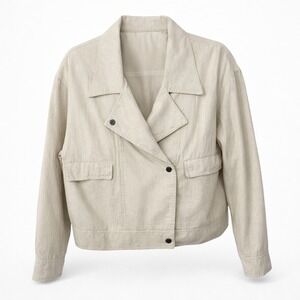 Rachel Zoe Beige Linen Blend Double Breasted Snap Bomber Jacket Womens Size XL